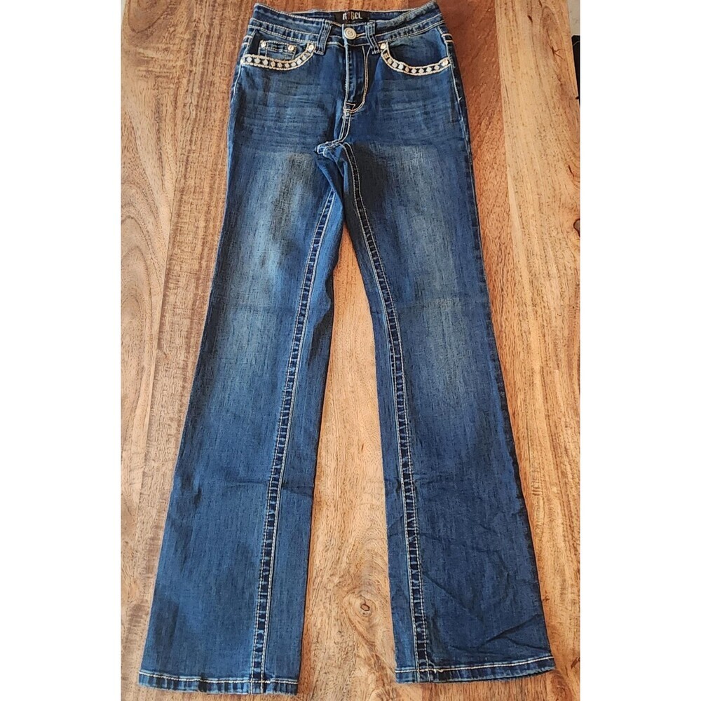 Rebel Jeans Juniors 25 Blue Wash Bootcut Embroidered Rhinestone Stretch Denim